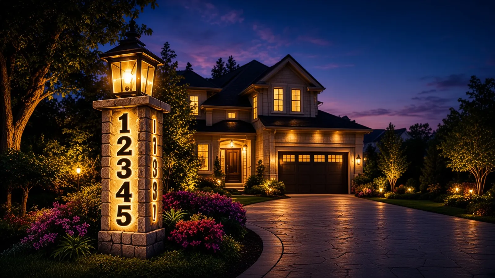 Lit stone pillar with reflective 12345 address numbers in front of a house at dusk