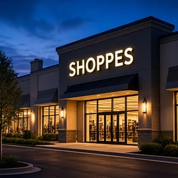 Retail center with a lit business sign